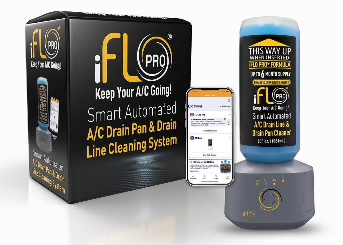 iFLO PRO smart AC drain pan cleaning system product display.